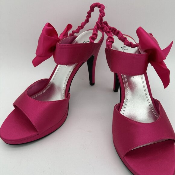 Womens Velvet Heart Fuchsia Satin Heels With Bow Detail Size 11 - Picture 2 of 8